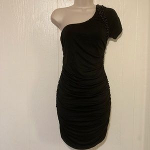 NWT SAPA Black one shoulder detail/black beads mini party dress size L
